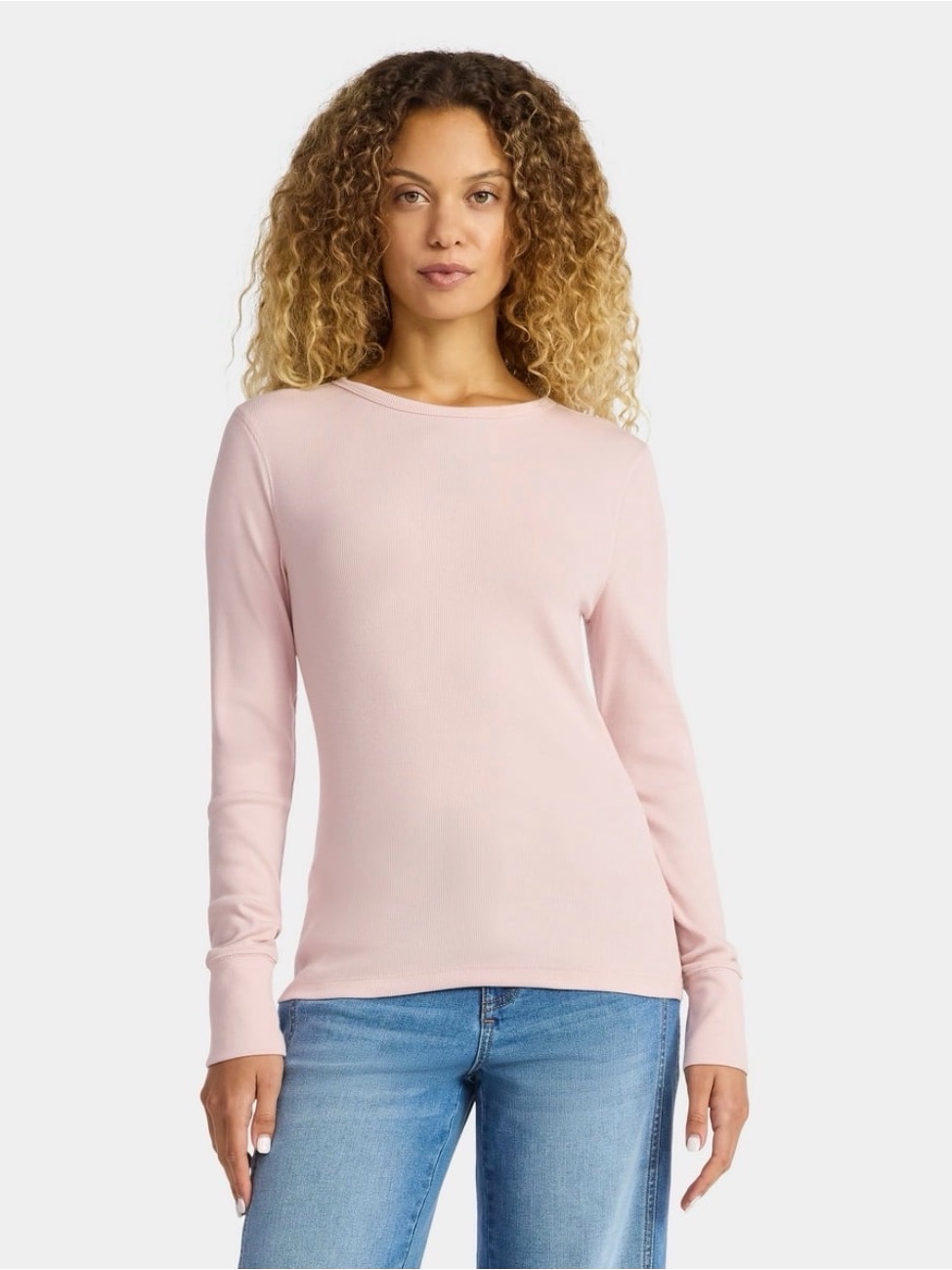 A165 Time And Tru Light Pink Rib Tee Long Sleeve Crew Neck Top Nwt